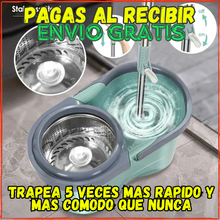 Trapea 5 Veces Mas Rapido✅Trapeador Giratorio Con Cubeta Automatica👌Se Exprime Solo.