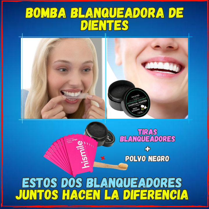 ✅Blanquea tus Dientes en una Semana😱, Pack 14 Tiras Blanqueadoras + Polvo Negro(💥Pagas al Recibirlo💥) Incluye Cepillo de Bambu